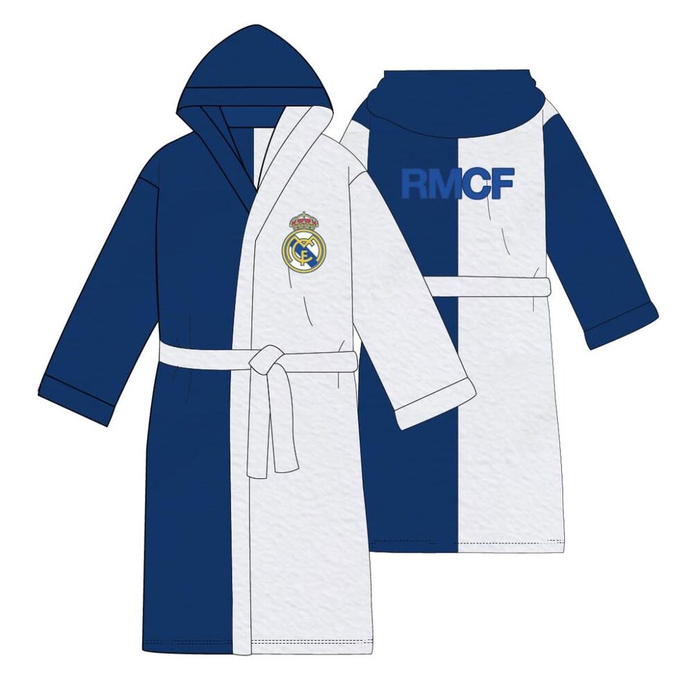 Bata Real Madrid azul y blanca con capucha, cinturón y escudo