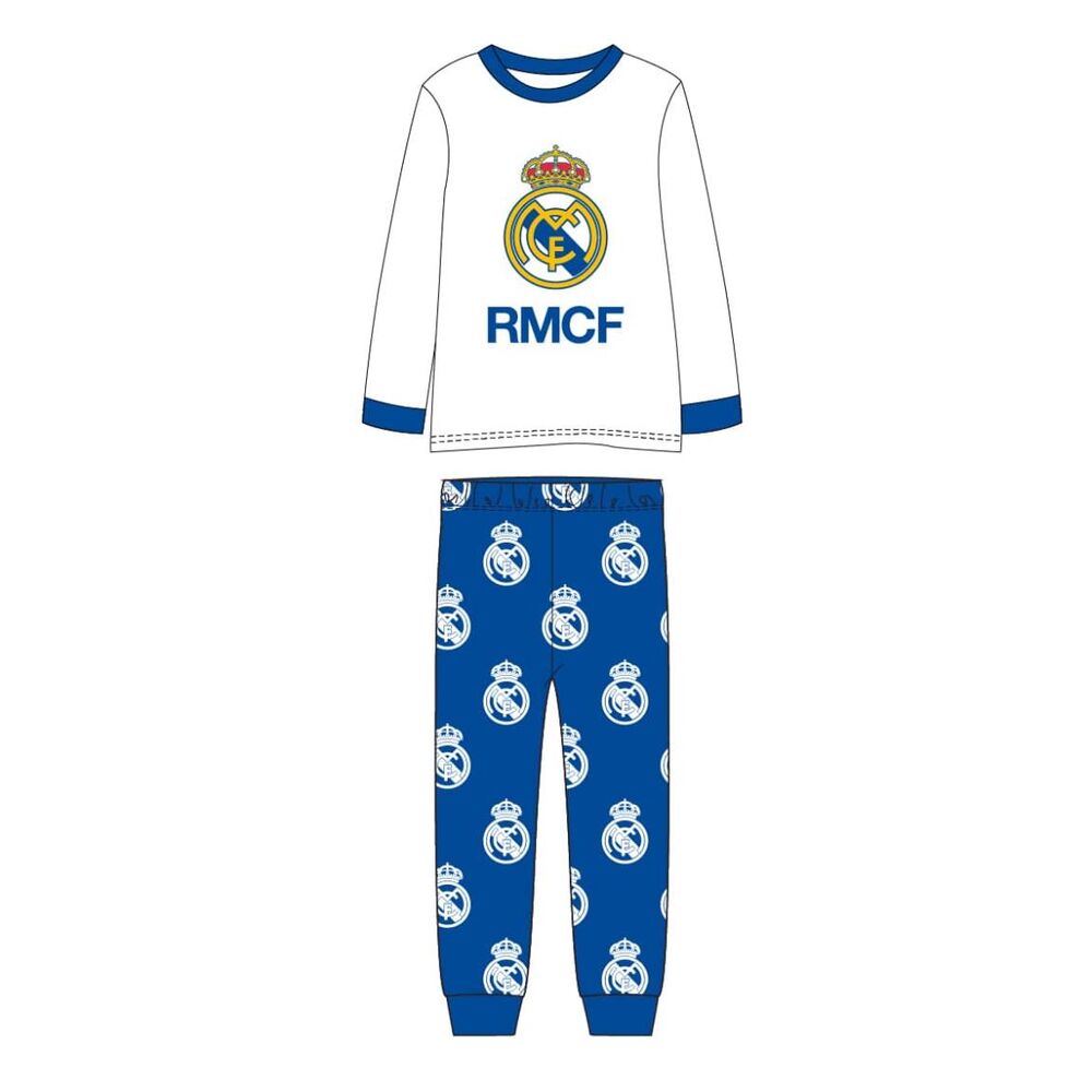 Pijama infantil del Real Madrid con camiseta blanca y pantalón azul estampado