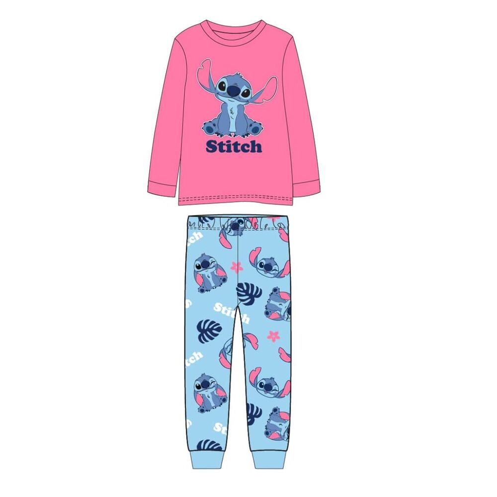 Pijama infantil de manga larga Stitch Disney con camiseta rosa y pantalón azul estampado