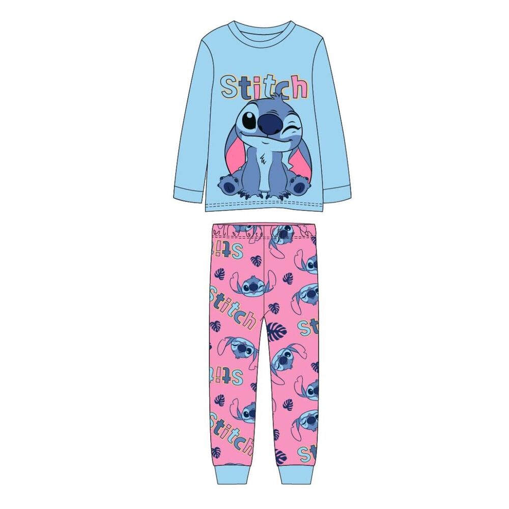 Pijama infantil Stitch Disney de camiseta azul y pantalón rosa