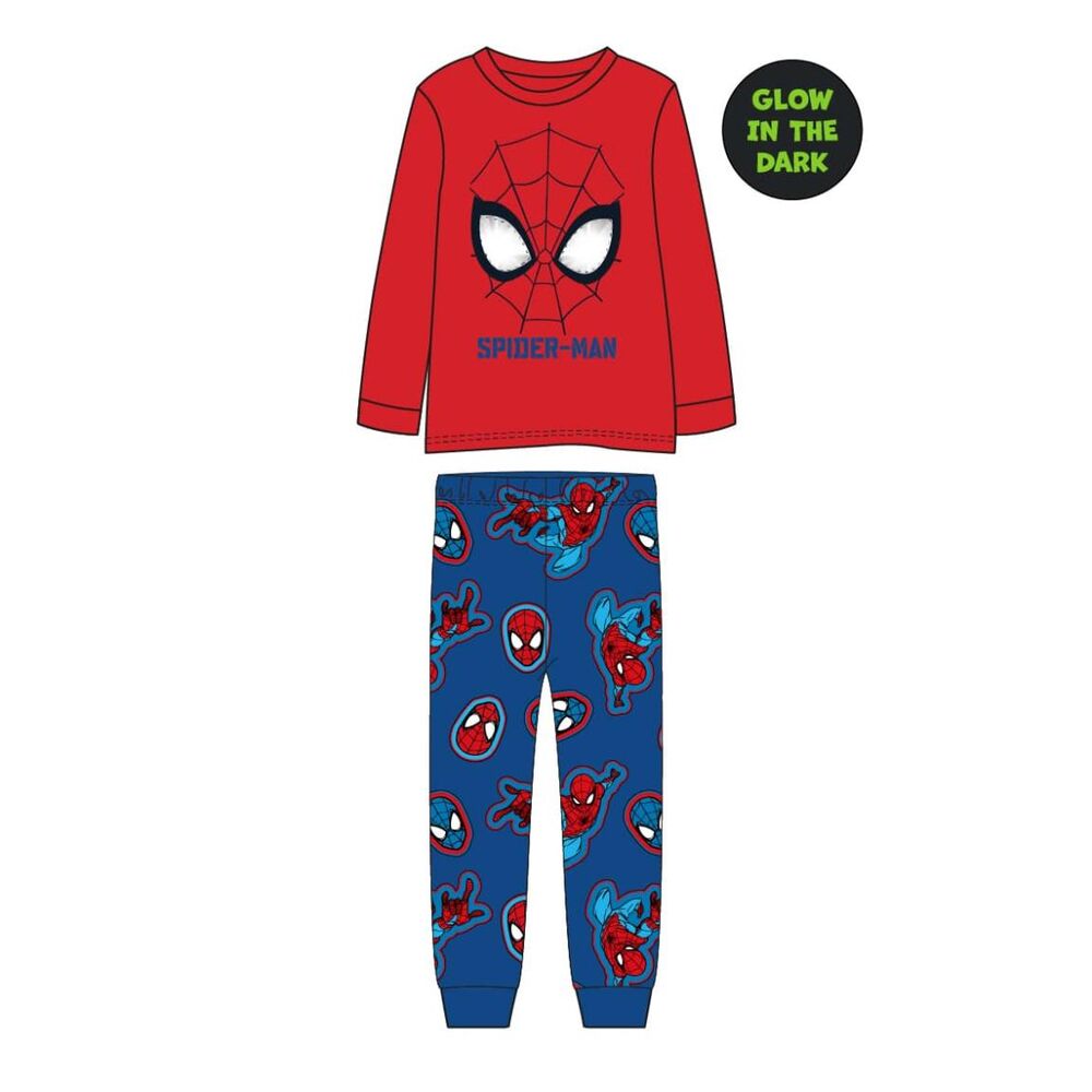 Pijama infantil de manga larga de Spider-Man Marvel con camiseta roja y pantalón azul estampado