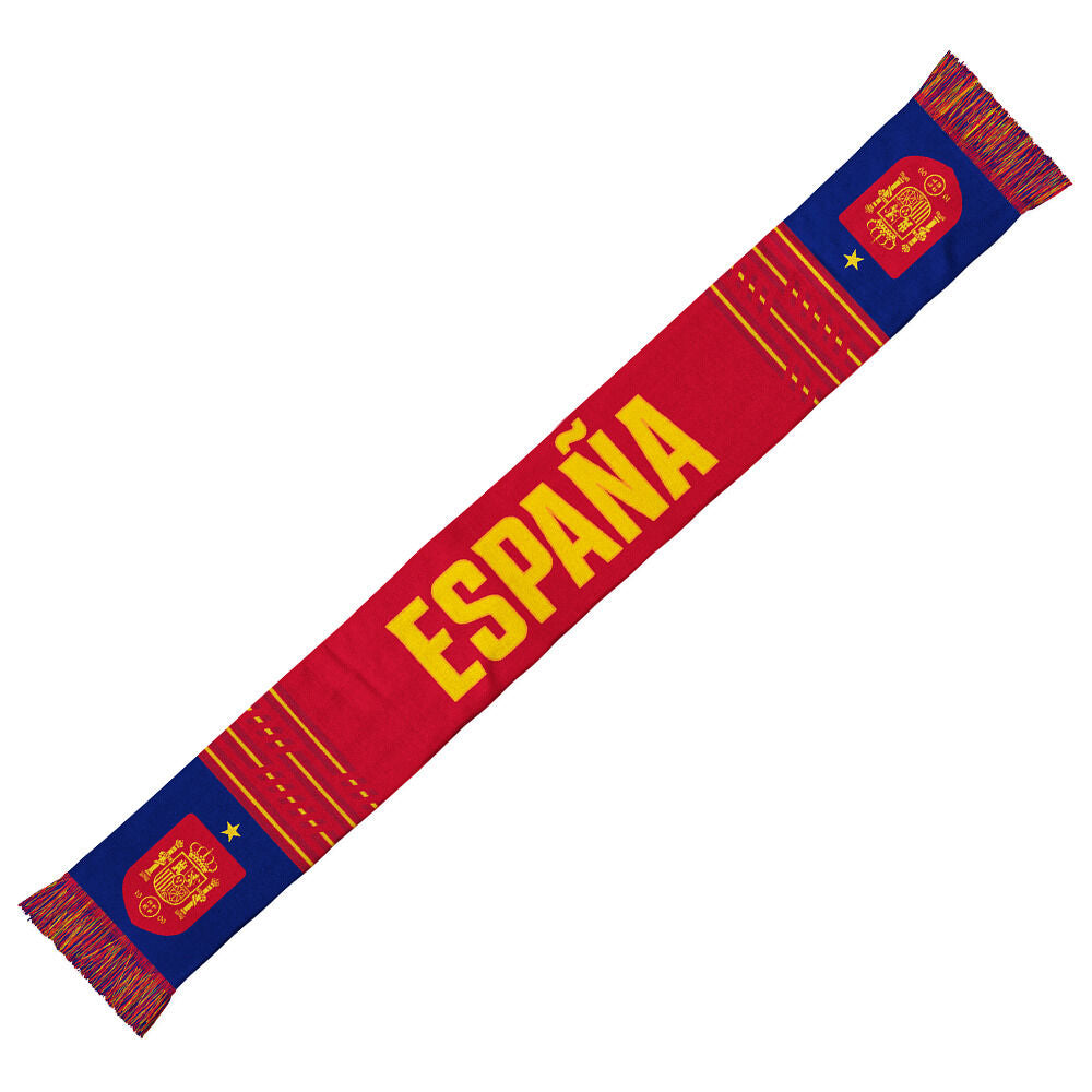 Bufanda roja de la Selección Española con texto ESPAÑA, escudos y flecos