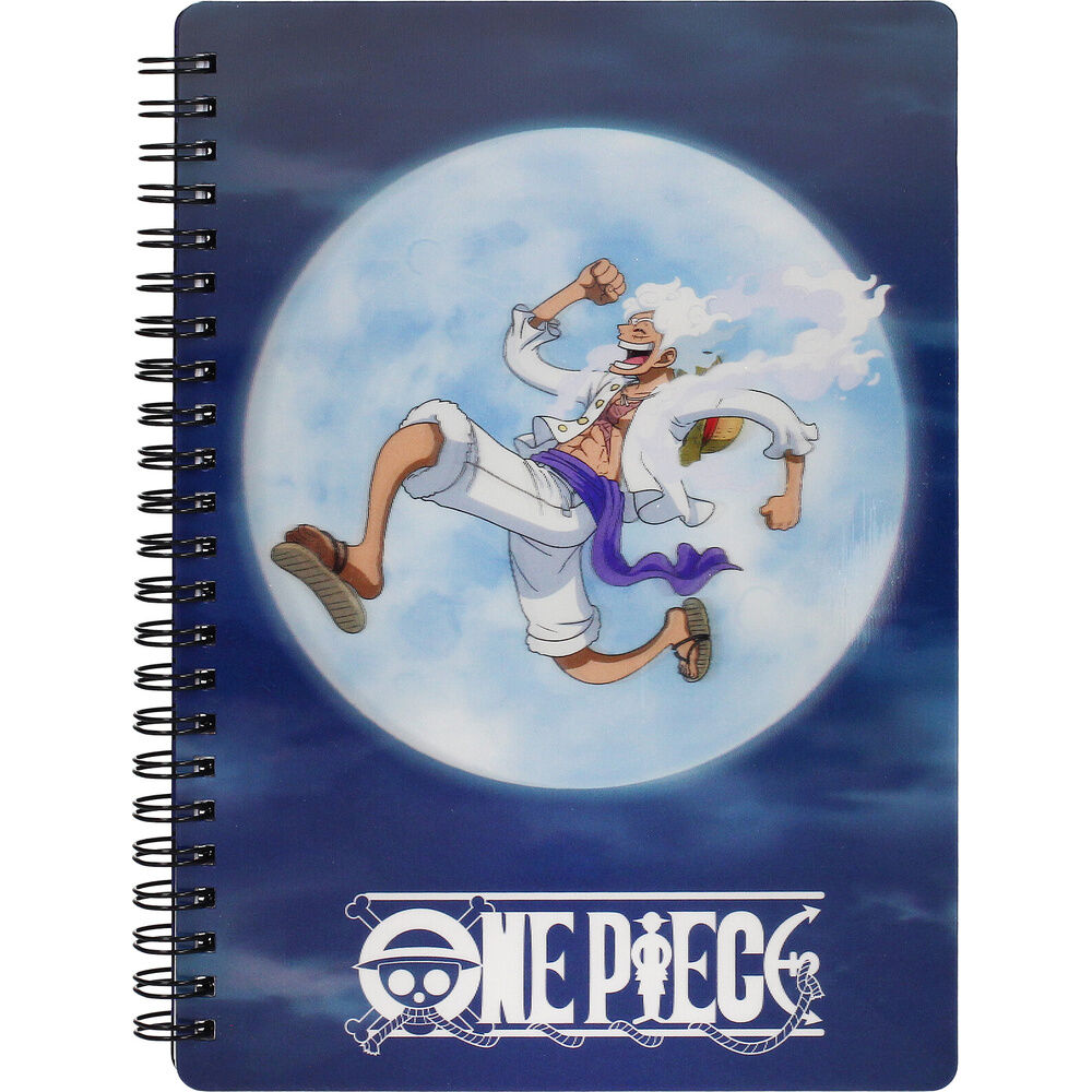 Cuaderno 3D de One Piece con Luffy Gear 5 sobre una luna