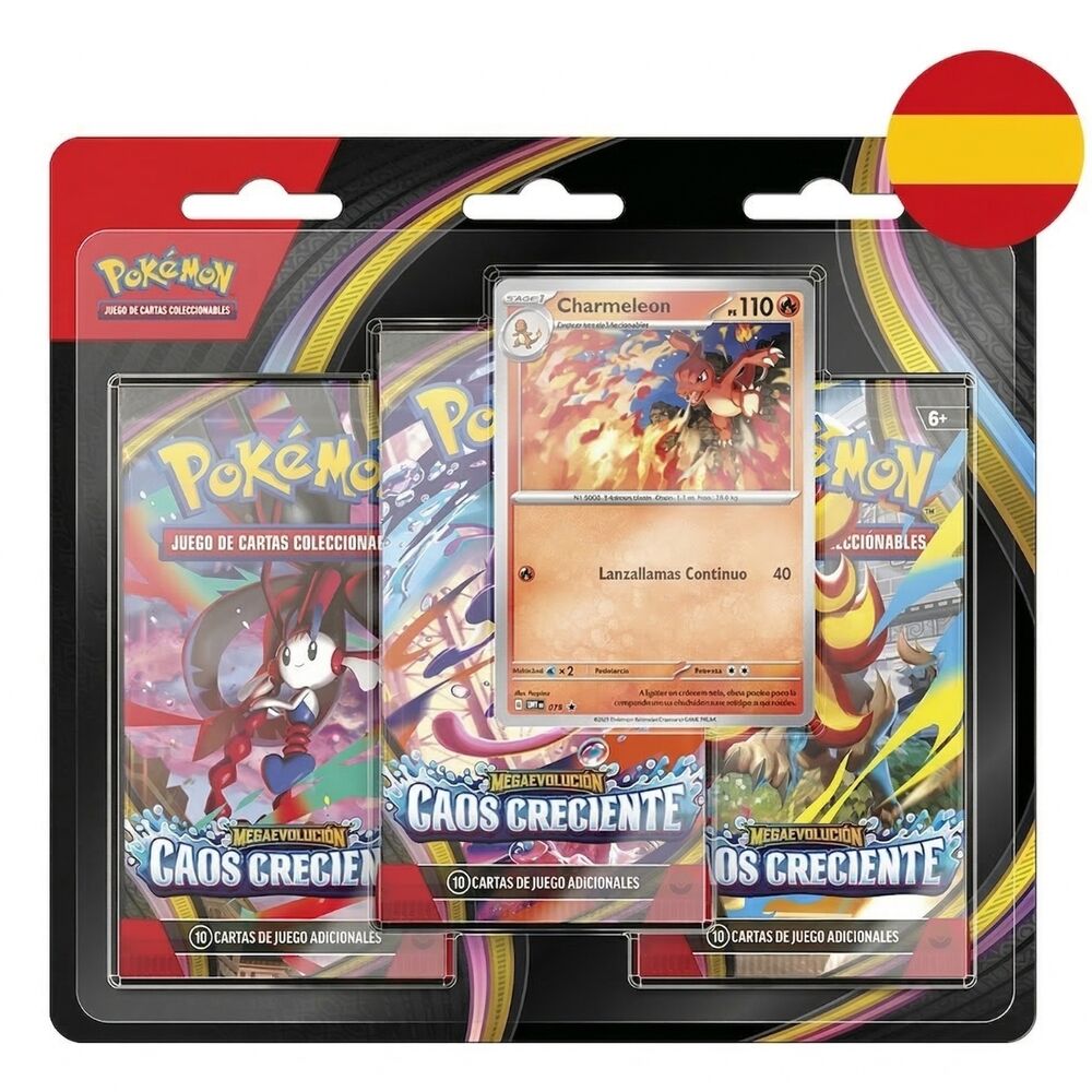 Blíster Pokémon TCG Caos Creciente con tres sobres y carta promocional de Charmeleon
