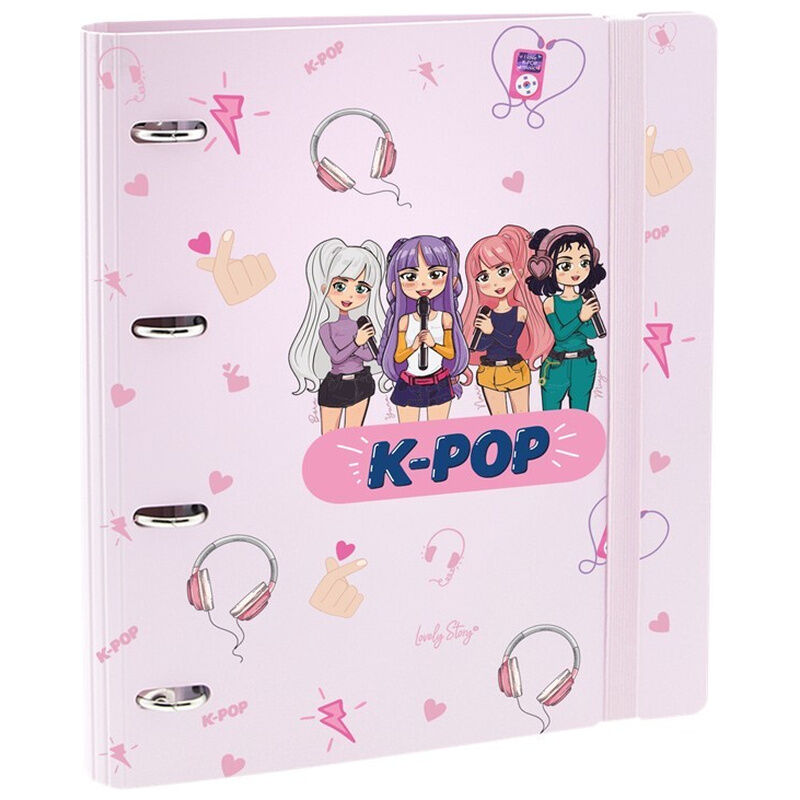 Carpeta rosa Lovely Story K-Pop con ilustraciones de personajes y auriculares