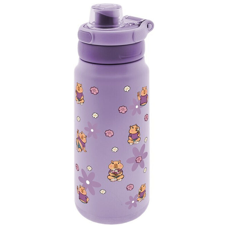 Botella térmica lila Flower Capibara de 750 ml con flores