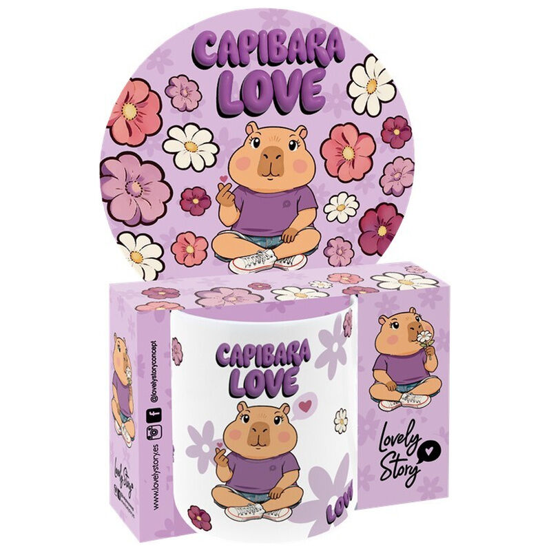 Taza de cerámica Love Capybara con flores y diseño lila