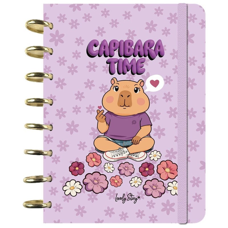 Cuaderno A5 lila Capibara Time con discos y flores