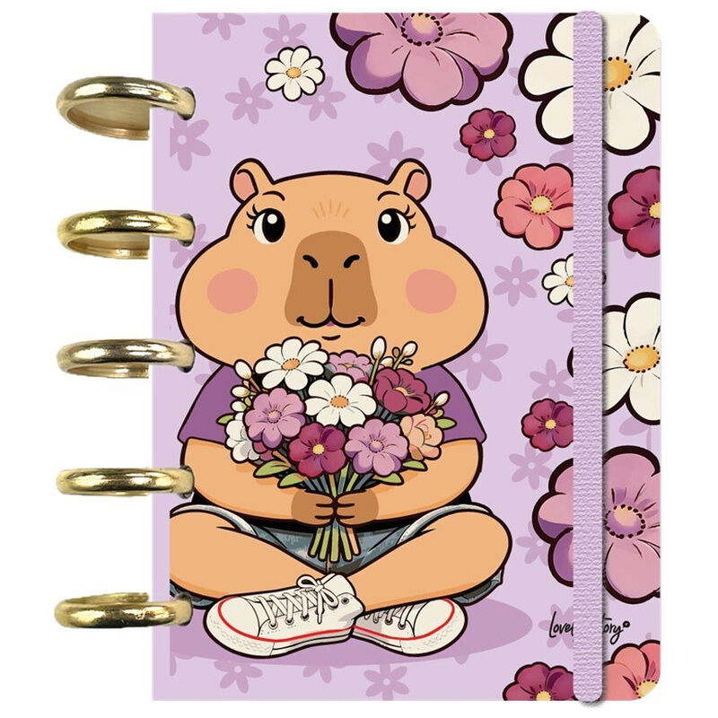 Cuaderno A6 Flower Capibara con portada floral lavanda y discos dorados