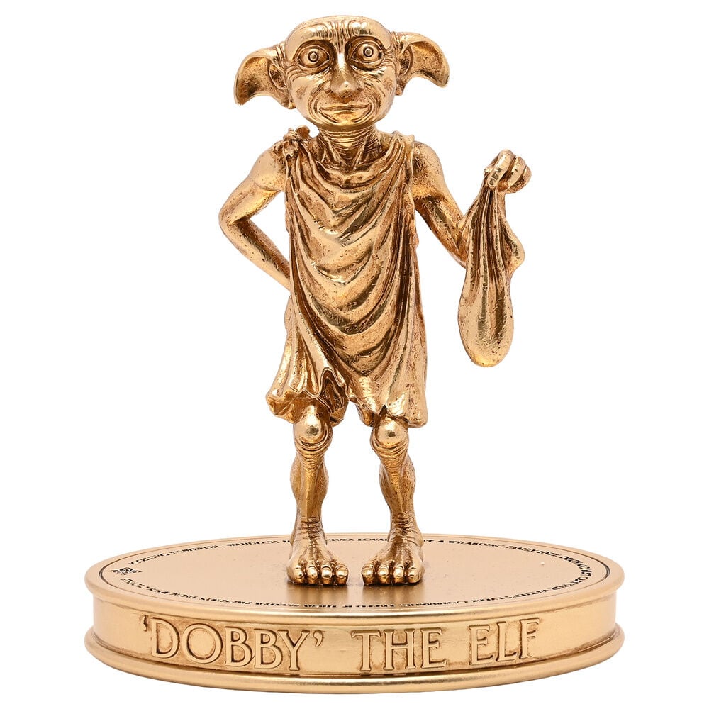 Figura dorada de Dobby de Harry Potter sobre base con inscripción