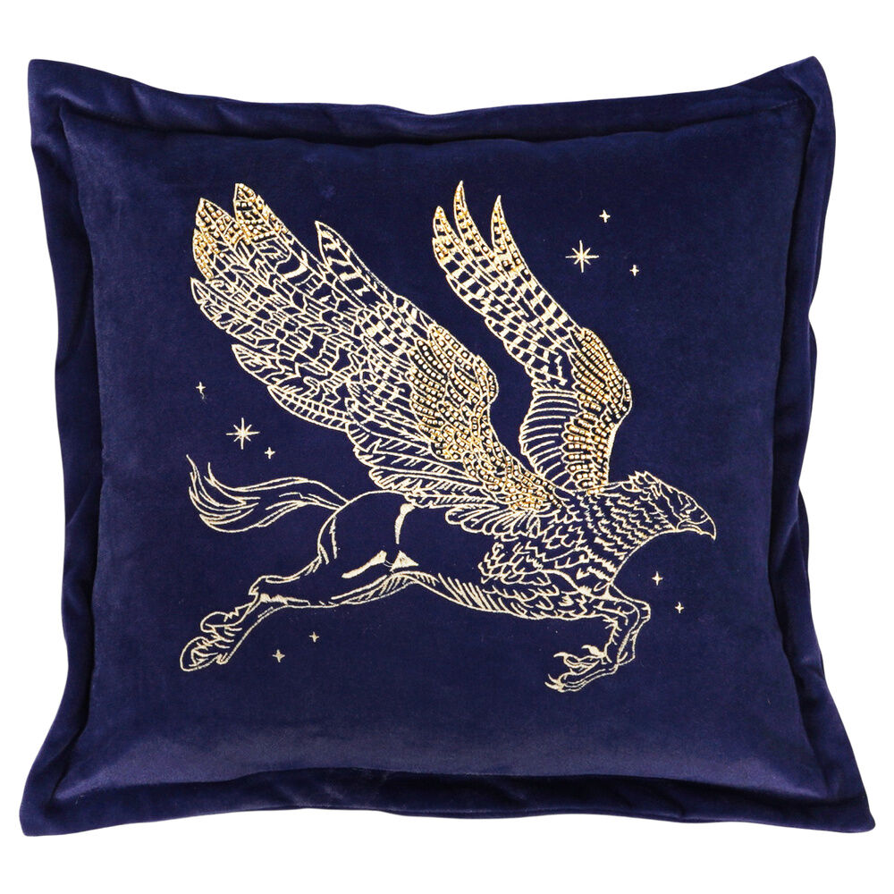 Cojín de terciopelo azul marino con Buckbeak bordado en dorado