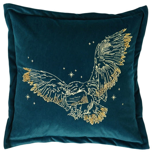 Cojín de terciopelo azul verdoso con Hedwig bordada en dorado