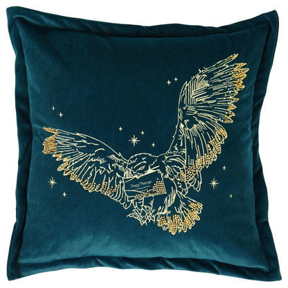 Cojín de terciopelo azul verdoso con Hedwig bordada en dorado