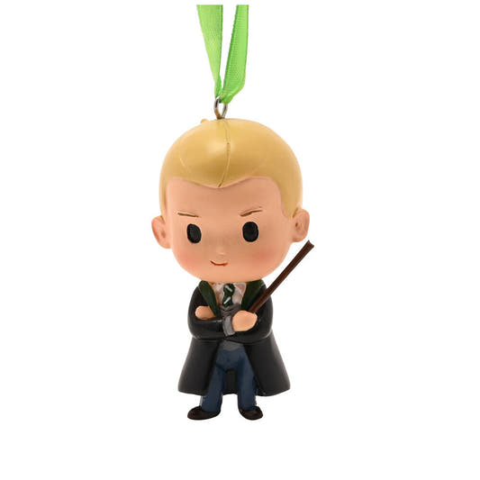 Adorno navideño de Draco Malfoy con varita y cinta verde