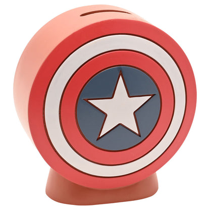 Hucha Marvel de Capitán América con diseño de escudo rojo, blanco y azul