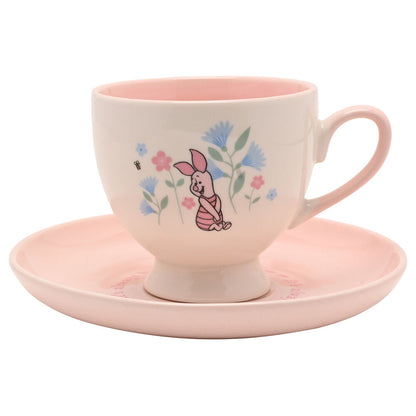 Taza y platillo rosa de cerámica con Piglet y flores