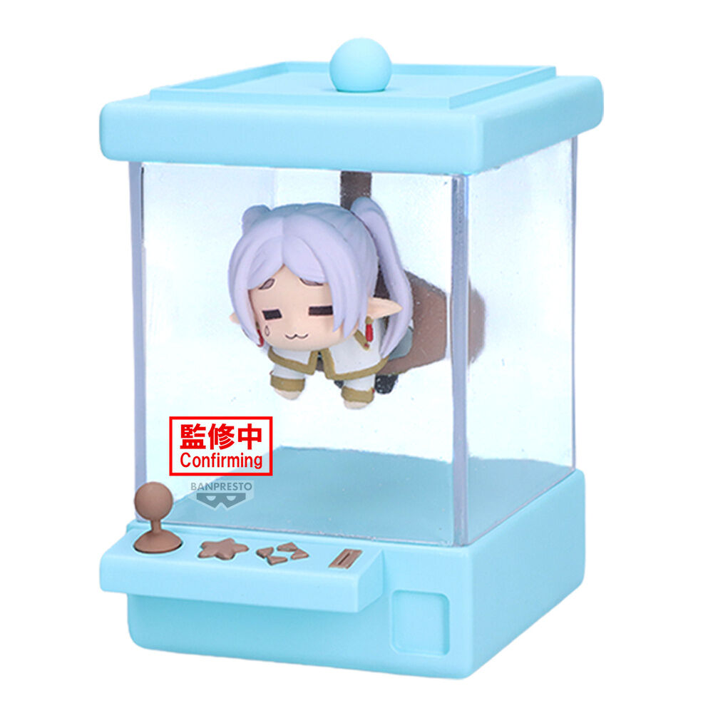 Figura chibi de Frieren dentro de una máquina Crane Pop azul