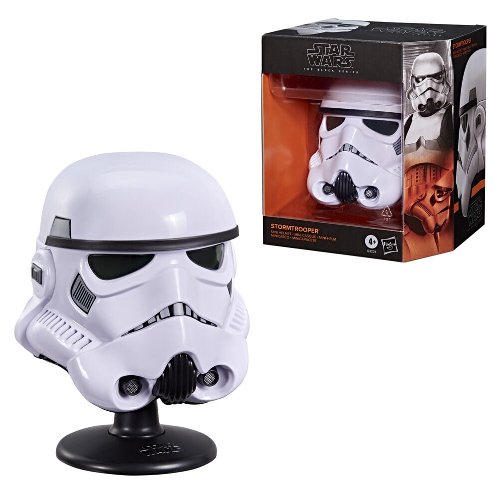 Mini casco blanco y negro de un Stormtrooper de Star Wars sobre base negra