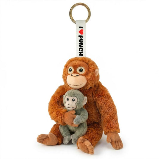Llavero de peluche mono Punch con una cría en brazos