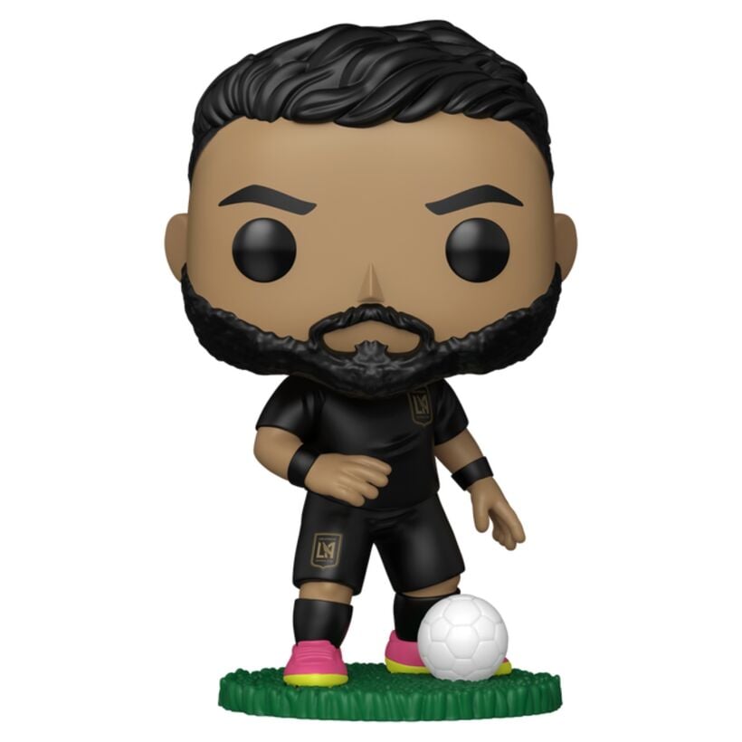 Figura Funko POP de Denis Bouanga con uniforme negro, balón y base de césped