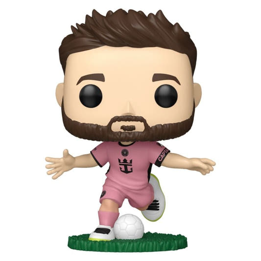 Figura Funko POP de Lionel Messi con uniforme rosa del Inter Miami y balón
