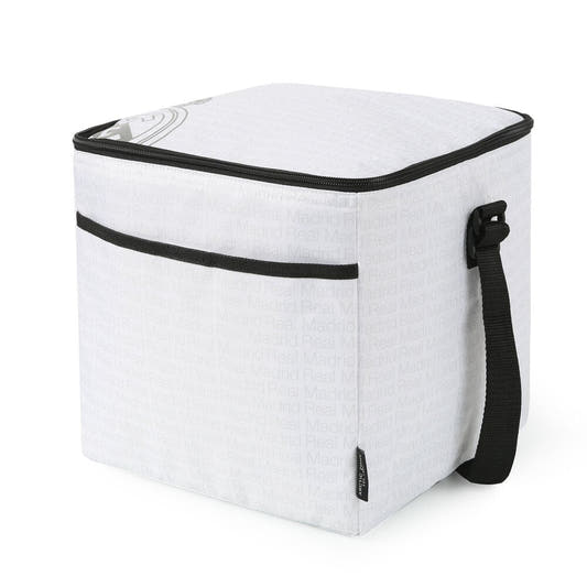 Bolsa porta alimentos plegable blanca del Real Madrid con asa bandolera
