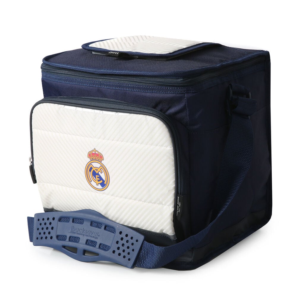 Bolsa porta alimentos plegable azul marino y blanca del Real Madrid