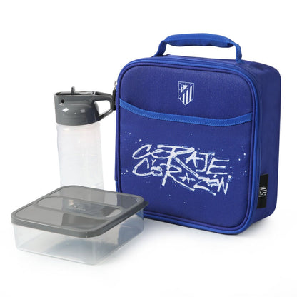Bolsa térmica azul del Atlético de Madrid con botella y tupper