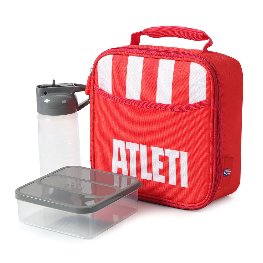 Bolsa térmica roja del Atlético de Madrid con botella y tupper