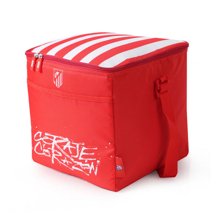 Bolsa térmica plegable roja del Atlético de Madrid con franjas rojiblancas