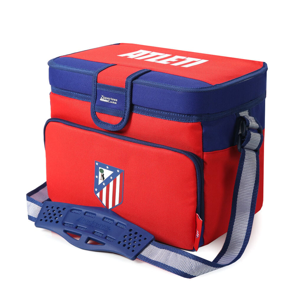Bolsa térmica roja y azul del Atlético de Madrid con correa y bolsillo frontal