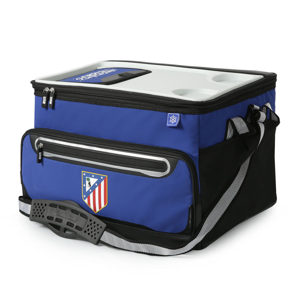 Bolsa porta alimentos plegable azul del Atlético de Madrid con tapa rígida y bolsillo frontal