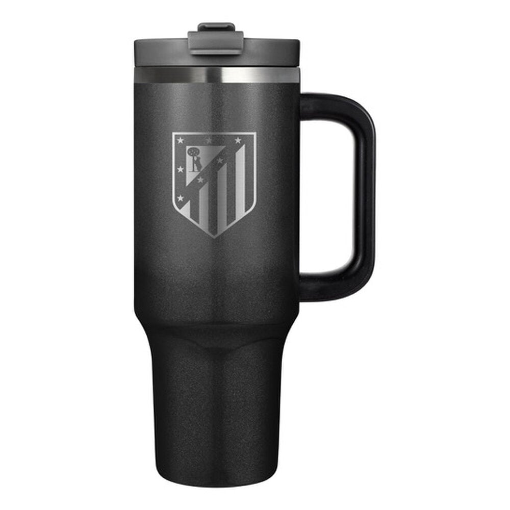 Vaso térmico negro del Atlético de Madrid con asa y escudo