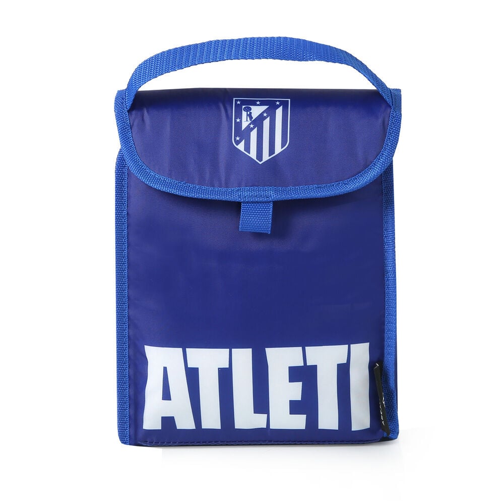 Bolsa térmica plegable azul del Atlético de Madrid con escudo y texto ATLETI
