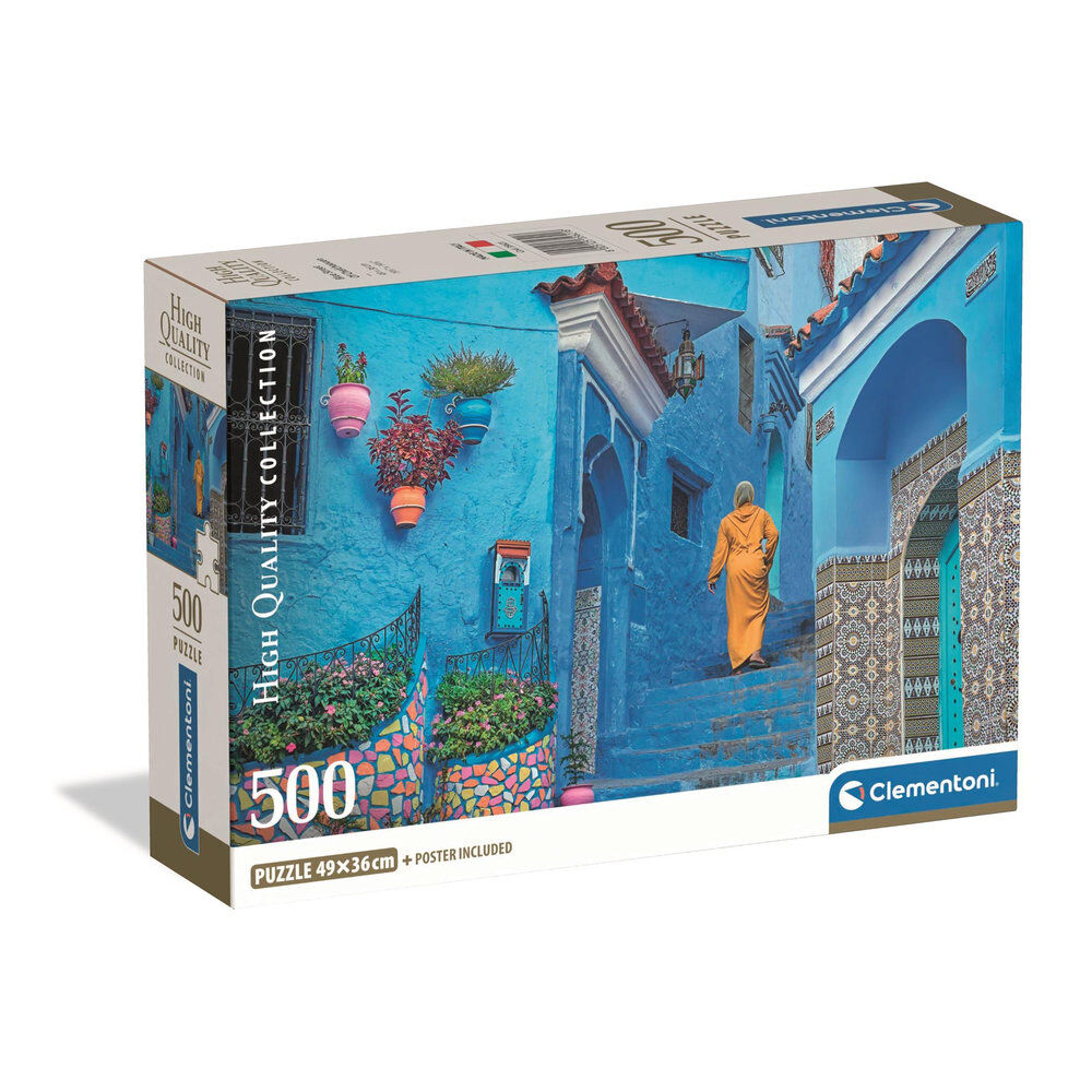 Puzzle Clementoni de 500 piezas con una calle azul de Chefchaouen