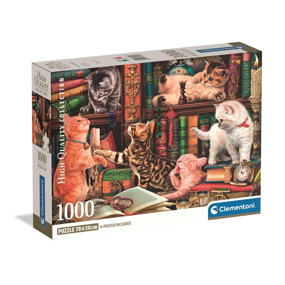 Puzzle Clementoni Curious Whiskers de 1000 piezas con gatitos entre libros