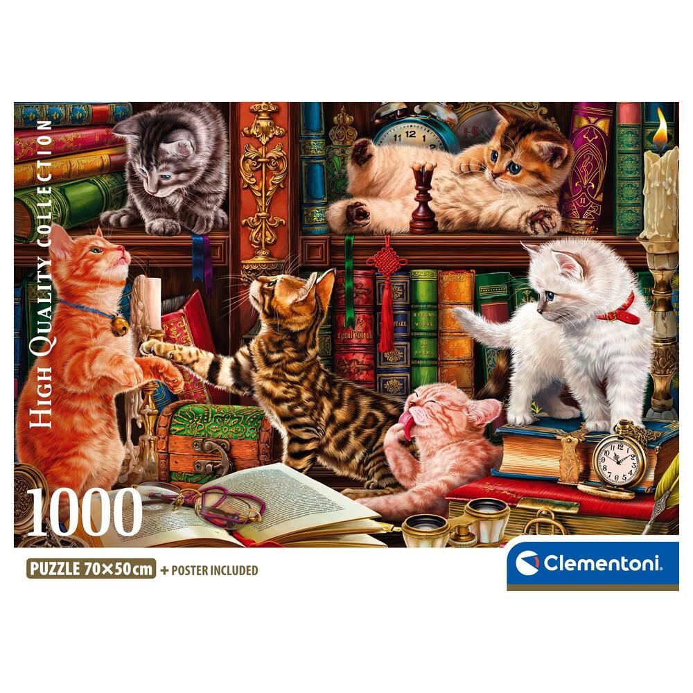 Puzzle Clementoni Curious Whiskers de 1000 piezas con gatitos entre libros - 2