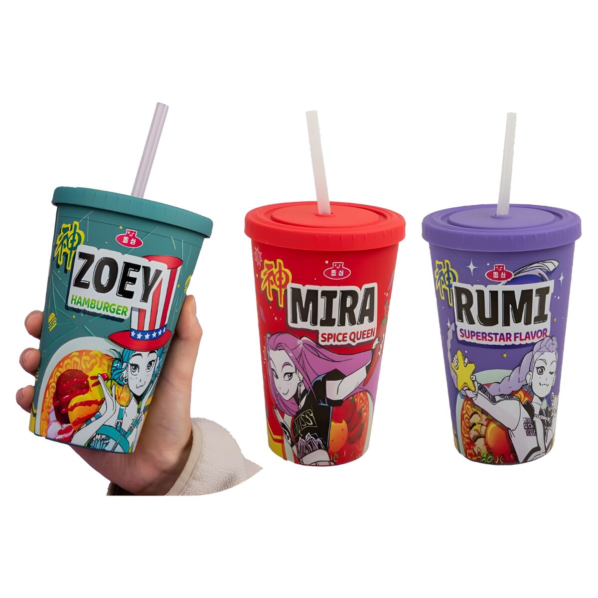 Tres vasos KPop Demon Hunters de Rumi, Mira y Zoey con tapa y pajita