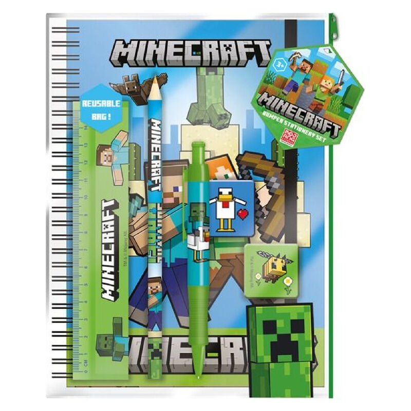 Set de papelería Minecraft con cuaderno A5, lápiz, bolígrafo y regla