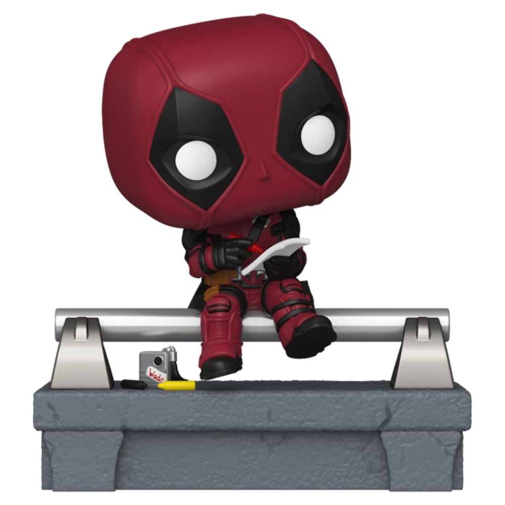 Figura FUNKO POP! Deluxe de Deadpool sentado sobre un puente
