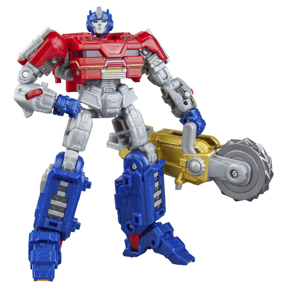 Figura articulada Orion Pax Transformers One en modo robot con sierra de minería