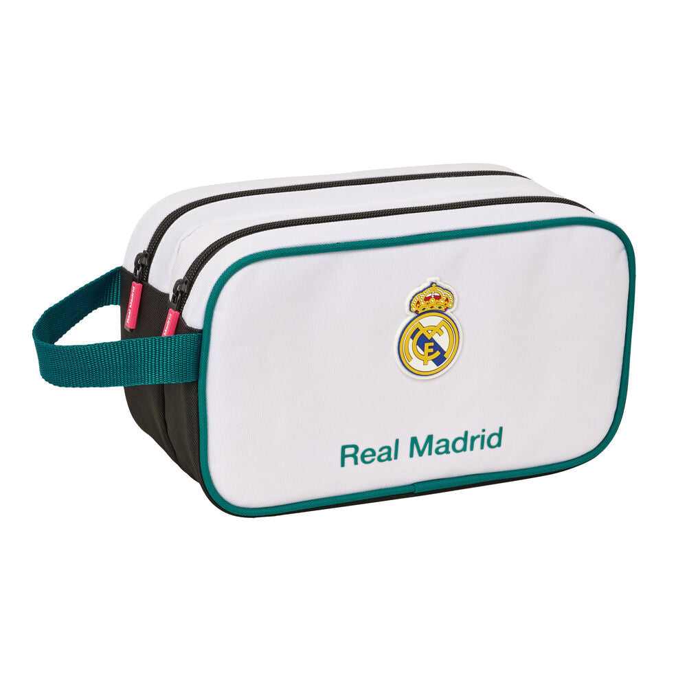 Neceser doble Real Madrid blanco con dos cremalleras y asa lateral