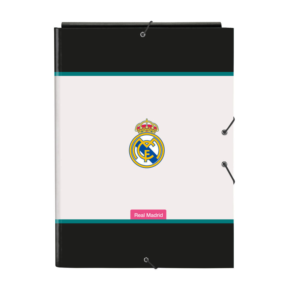 Carpeta A4 Real Madrid 26/27 con tapas negras y cierre elástico