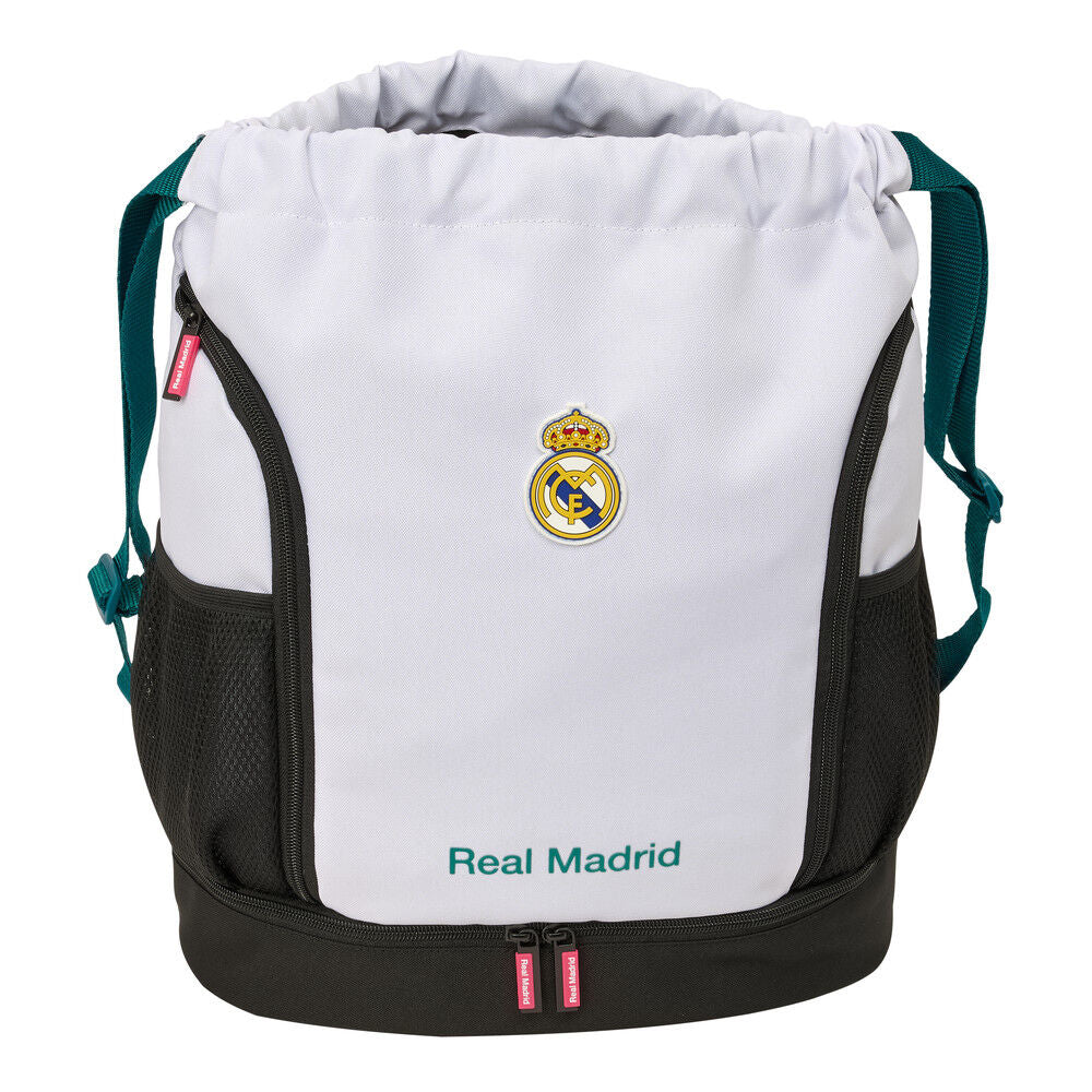 Saco mochila Real Madrid blanco y negro con escudo frontal