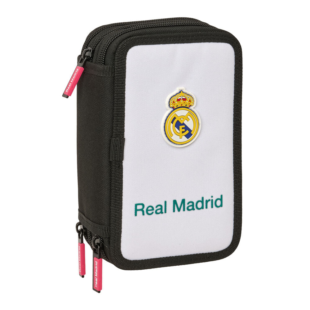 Plumier triple Real Madrid blanco y negro con tres compartimentos