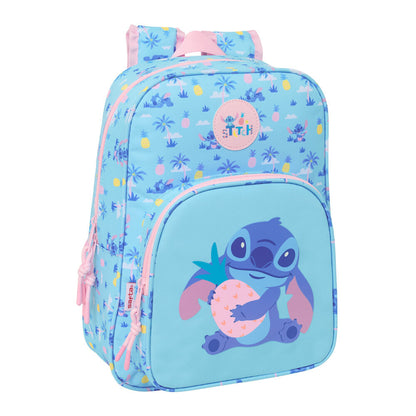 Mochila escolar azul de Stitch Disney con estampado tropical y bolsillo frontal