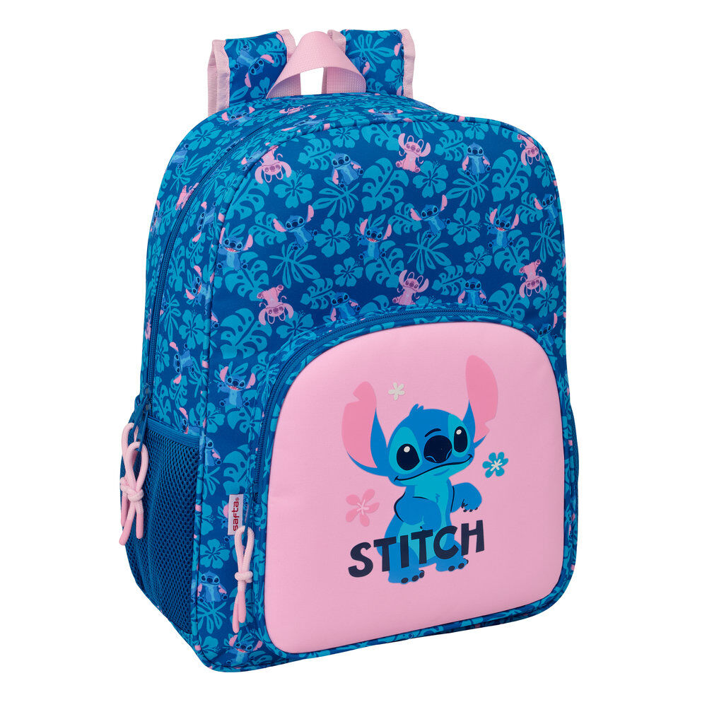 Mochila escolar azul de Stitch y Angel con bolsillo frontal rosa