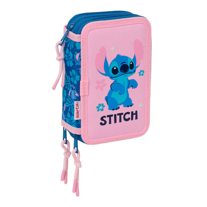 Plumier triple rosa y azul de Stitch Disney con material escolar