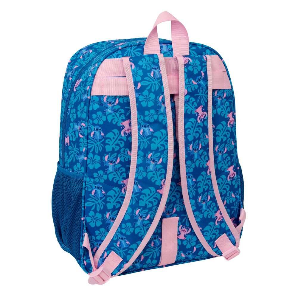 Mochila escolar azul de Stitch y Angel con bolsillo frontal rosa - 2