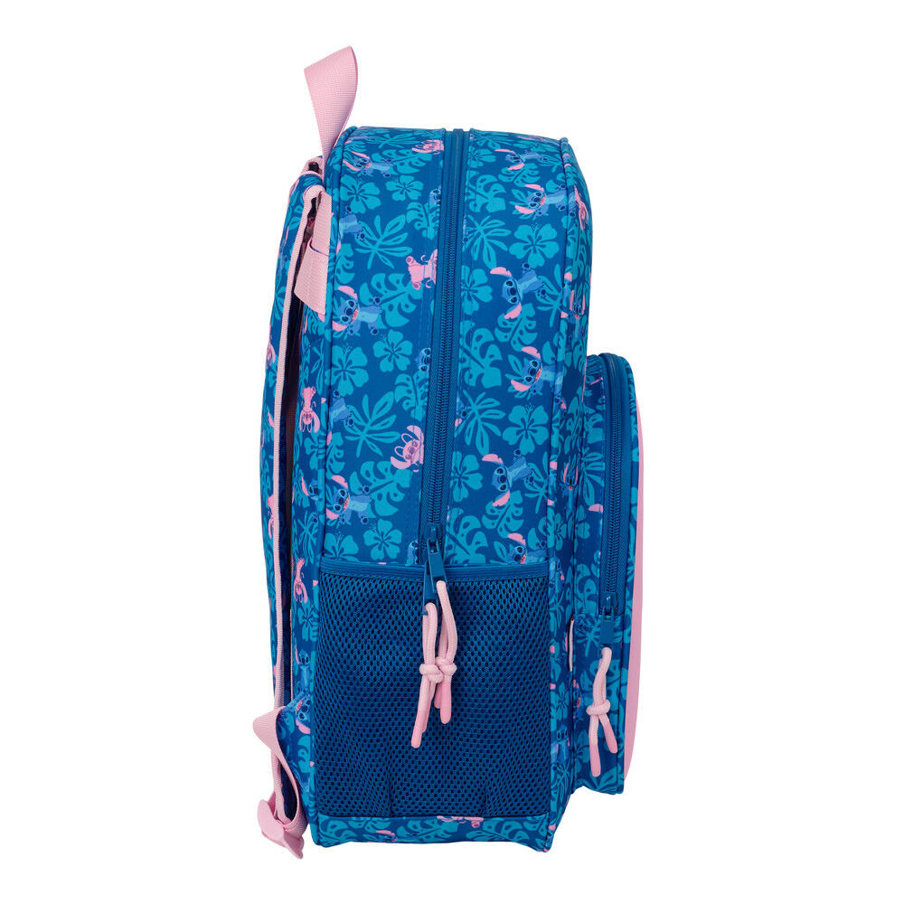 Mochila escolar azul de Stitch y Angel con bolsillo frontal rosa - 3